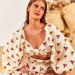 Farm Rio Mixed Cross Stitch Flowers Embroidered Crop Top Off White NWT MEDIUM